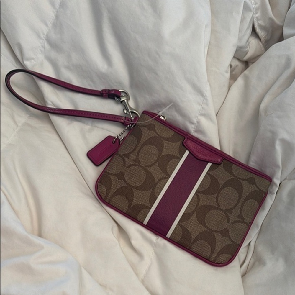 COACH Signature PVC Met Stripe Small Wristlet Magenta raspberry wallet